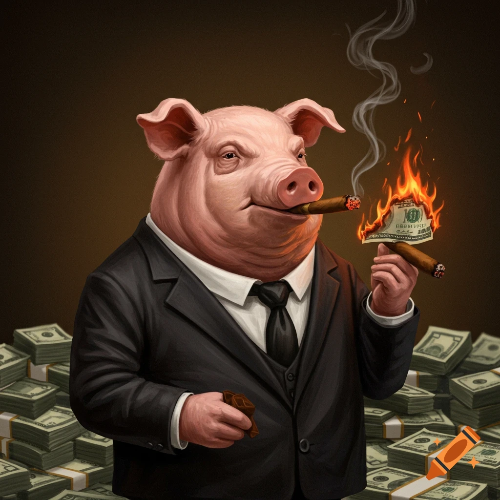 A cartoon pig in a suit lights a hundred-dollar bill with a cigar, standing amidst piles of cash. Photorealistic style.