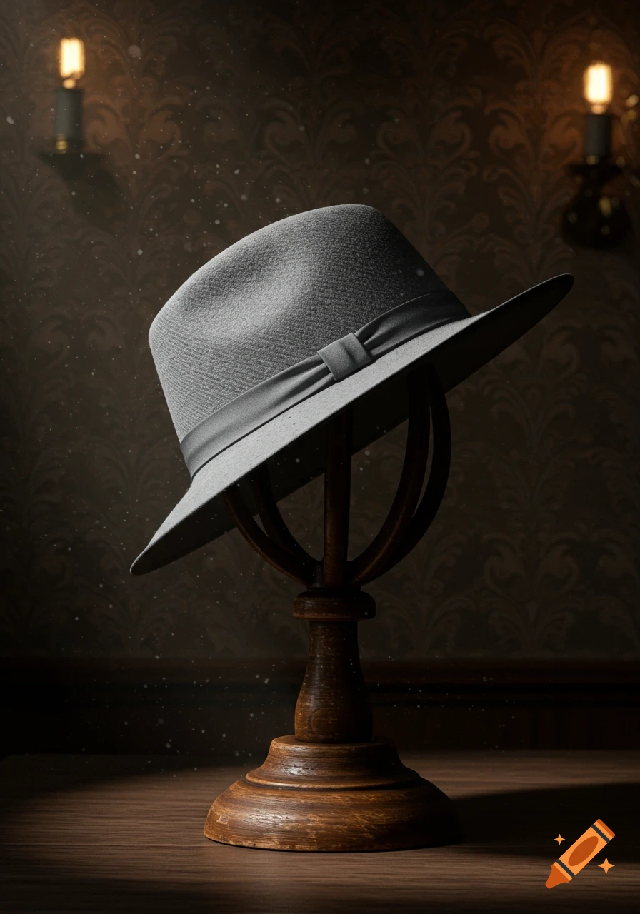 A stylish grey fedora hat rests on a wooden display stand in a dimly lit room with patterned wallpaper and glowing sconces.