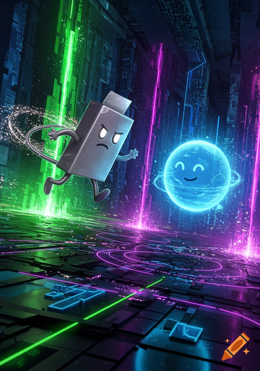 An angry cartoon USB stick character lunges towards a happy glowing blue orb in a vibrant, neon-lit digital cityscape.