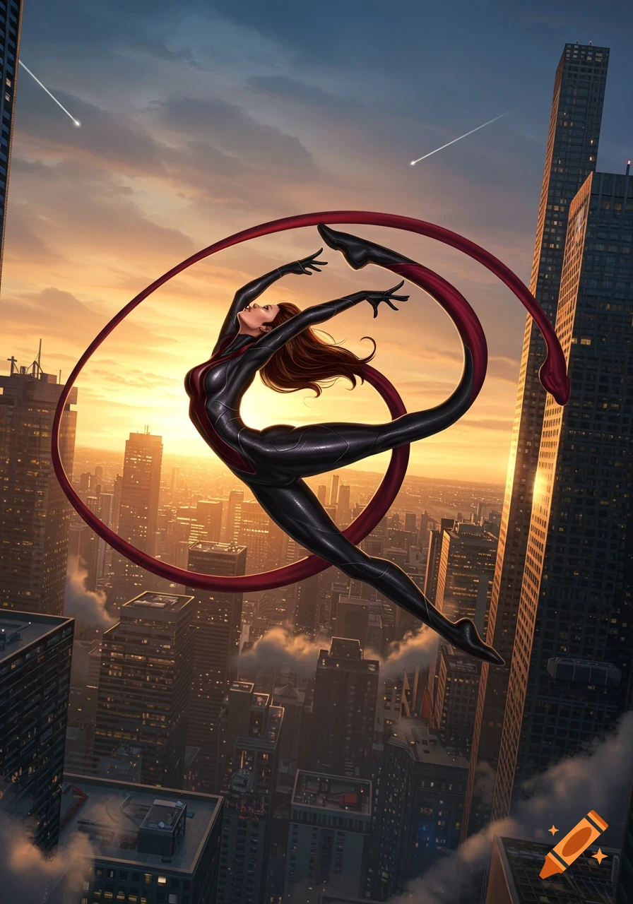 A female superhero in a black suit with red accents leaps gracefully above a sprawling city at sunset, forming a red elastic loop.