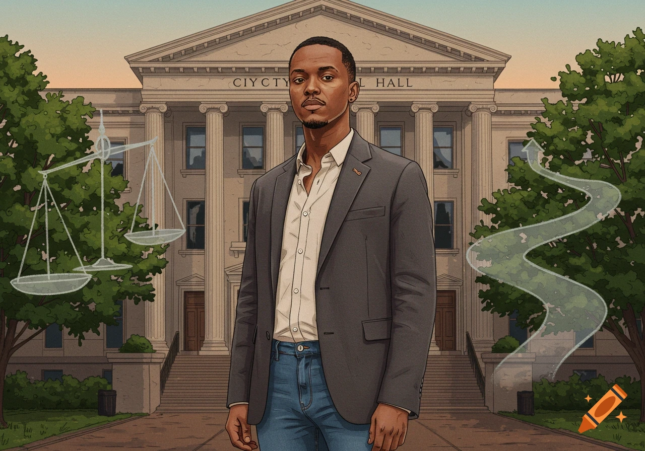 Illustration of a man in smart casual clothes standing in front of a city hall building with scales of justice and a wavy path.