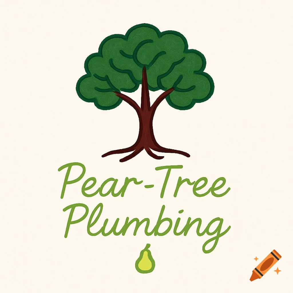 A hand-drawn logo featuring a green tree with a brown trunk, "Pear-Tree Plumbing" in lime green script, and a small pear.