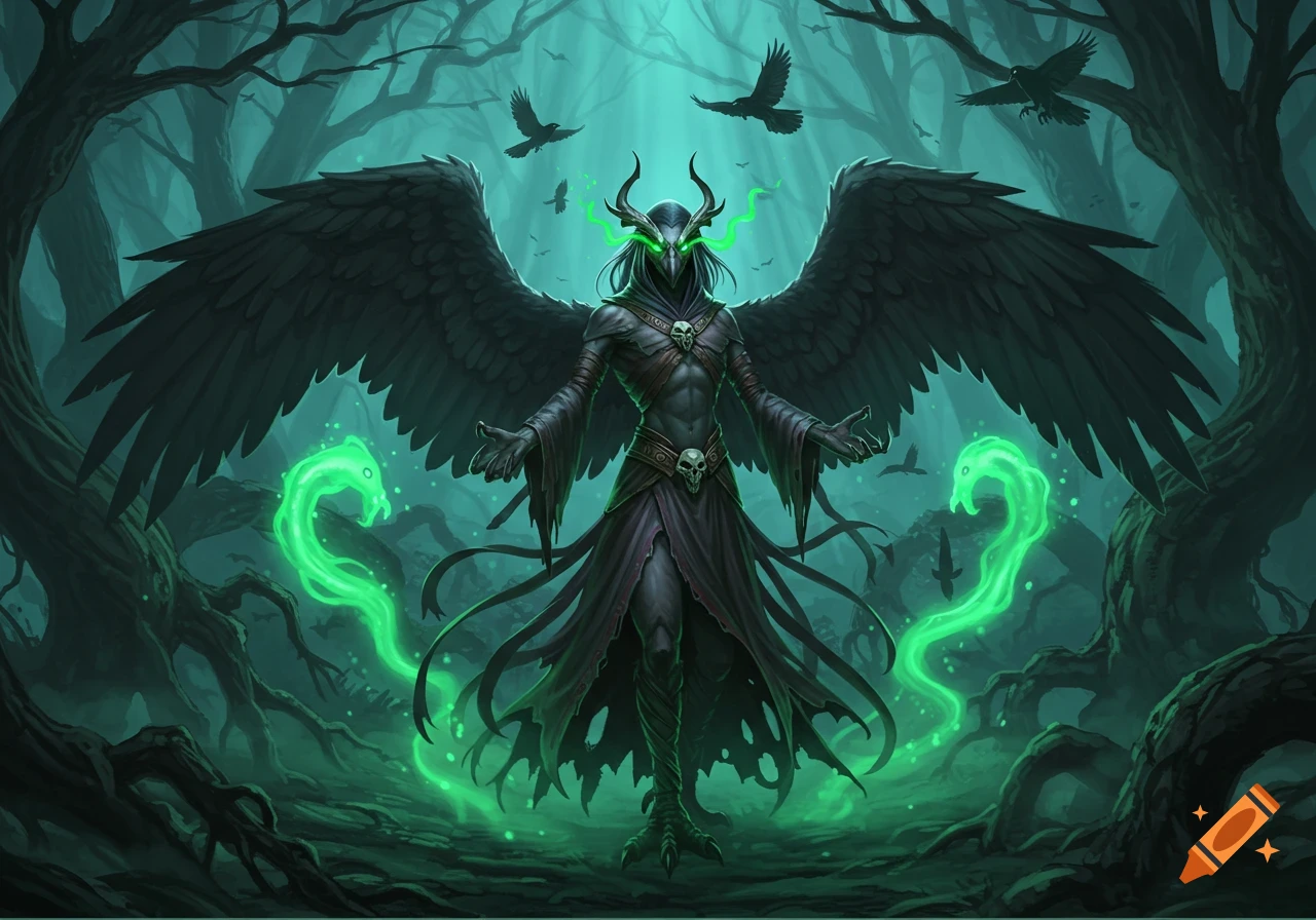 A dark fantasy illustration of a winged reaper with glowing green eyes and magic, standing in a spooky forest.