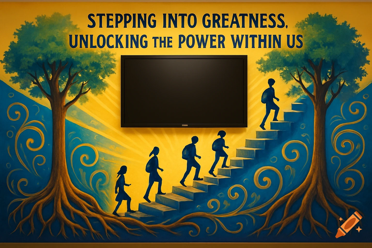Motivational mural with 'STEPPING INTO GREATNESS' text, trees, stairs, silhouetted people, and a TV on a yellow and blue wall.