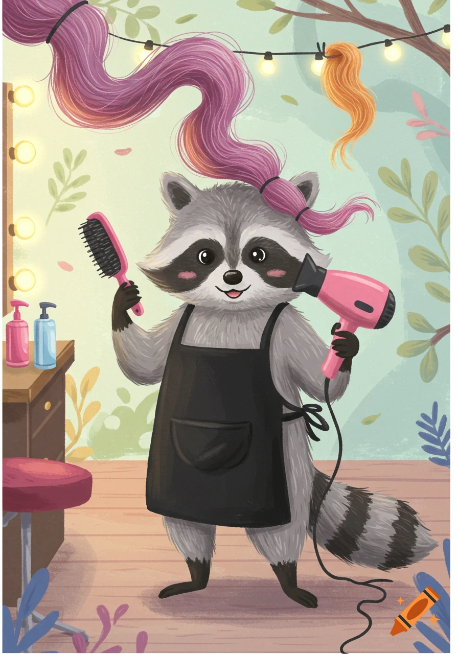 A cute cartoon raccoon hair stylist in a black apron holds a pink brush and hairdryer amidst purple and orange hair strands.