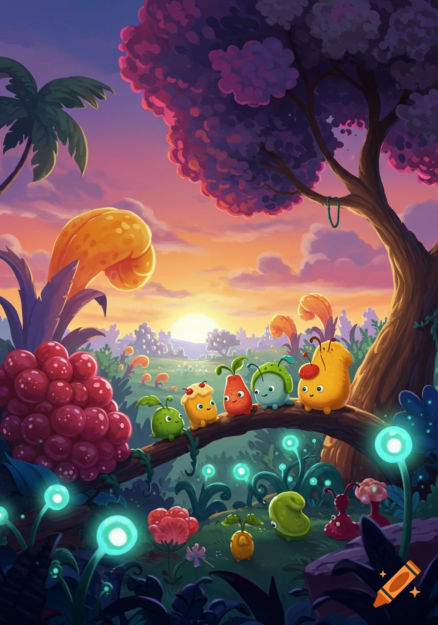 Five cute, colorful, fruit-like and bug-like creatures sit on a tree branch in a vibrant, whimsical fantasy forest at sunset with glowing plants.