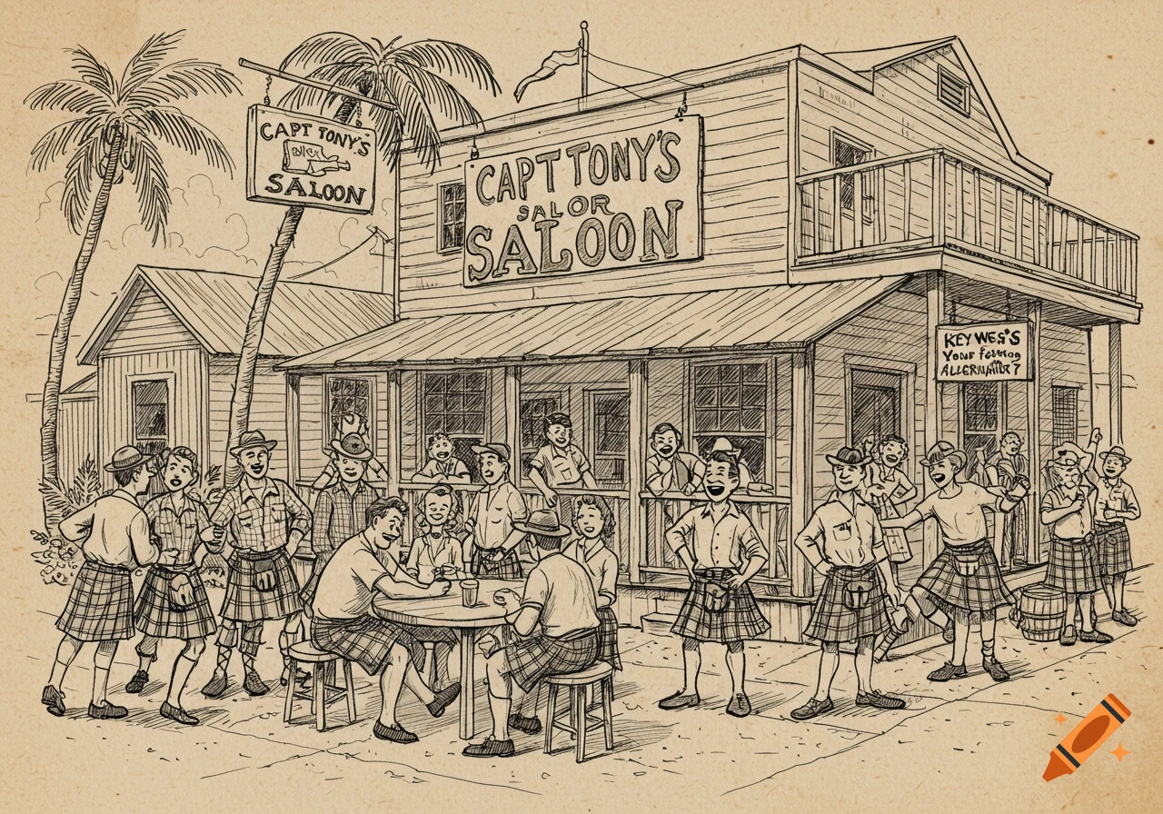 Vintage cartoon of people in kilts and flannel shirts gathered outside Capt. Tony's Saloon in Key West.
