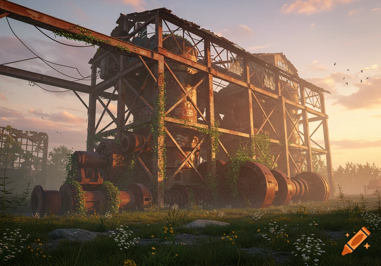 An abandoned, overgrown industrial building with rusty metal beams and machinery under a golden sunset sky.