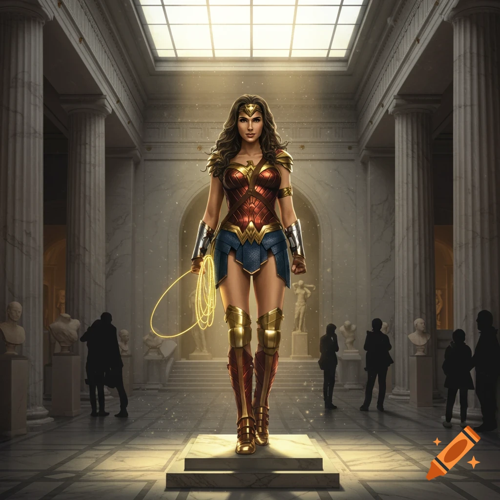 Photorealistic Wonder Woman in a heroic pose, holding her glowing lasso, standing centrally in a grand museum hall.