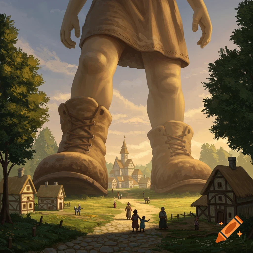 A towering giant figure wearing boots stands over a small, quaint village at sunset, dwarfing the buildings and people.