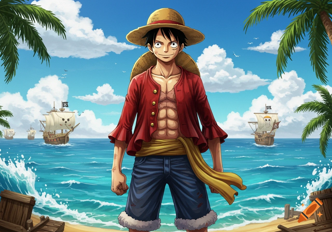 Anime character resembling Luffy from One Piece stands on a tropical beach with pirate ships in the turquoise ocean under a blue sky.