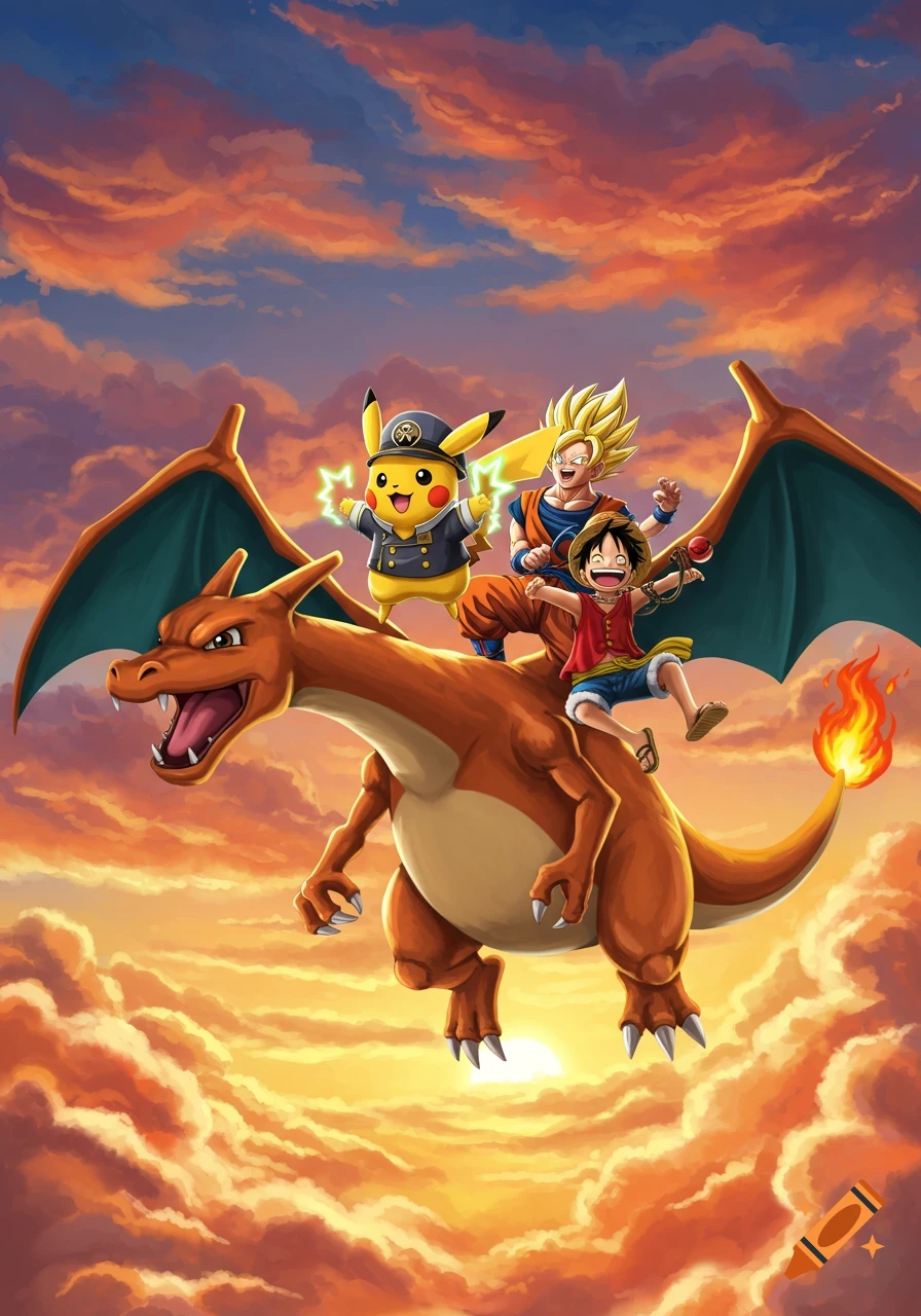 Pikachu, Goku, and Luffy joyfully ride on Charizard's back against a vibrant orange and blue sky filled with clouds.