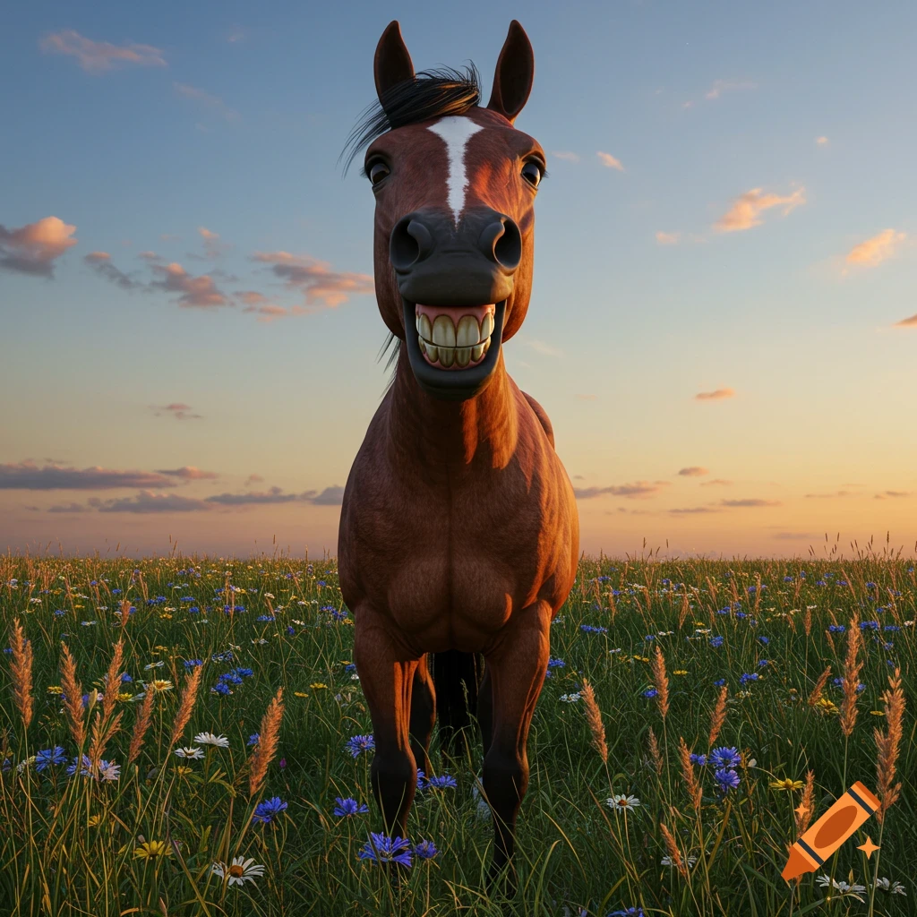 A brown horse with a wide, toothy grin stands in a vibrant field of wildflowers under a colorful sunset sky. Photorealistic style.