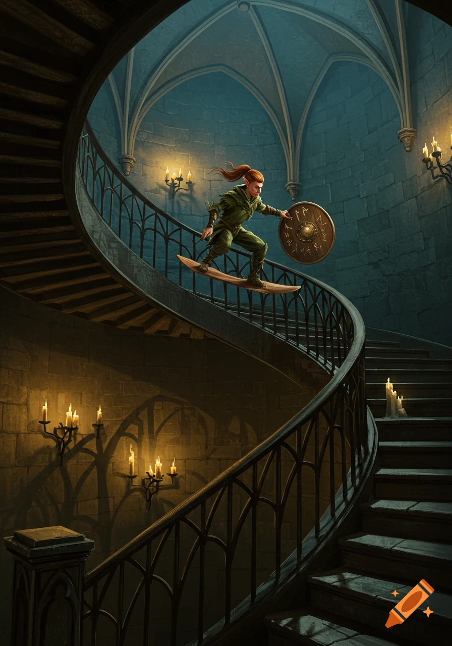 A wood elf surfs down a winding gothic spiral staircase on a wooden shield, illuminated by candles.