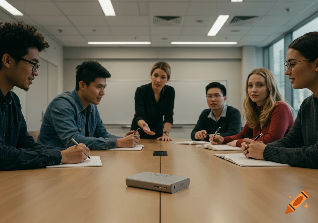 Photorealistic image of college students and an instructor engaged in a discussion in a modern university seminar room.