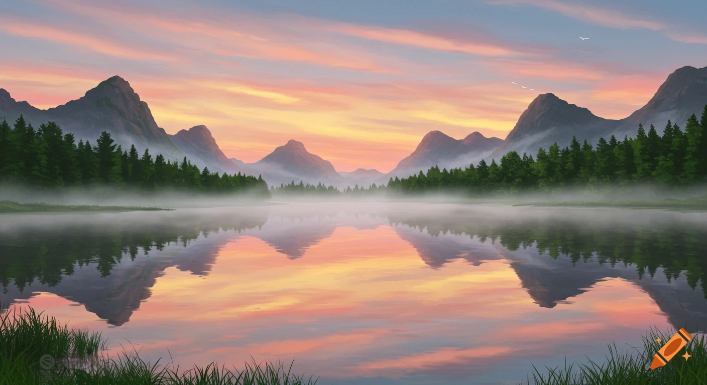 A tranquil lake at sunrise reflects the vibrant pink and orange sky, surrounded by misty mountains and lush green trees.