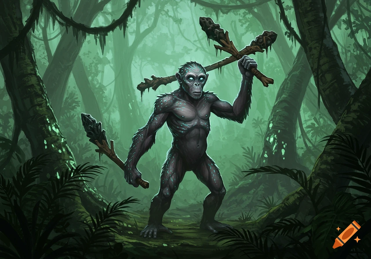 An alien chimpanzee-like creature with glowing eyes stands in a misty jungle, holding two makeshift clubs.