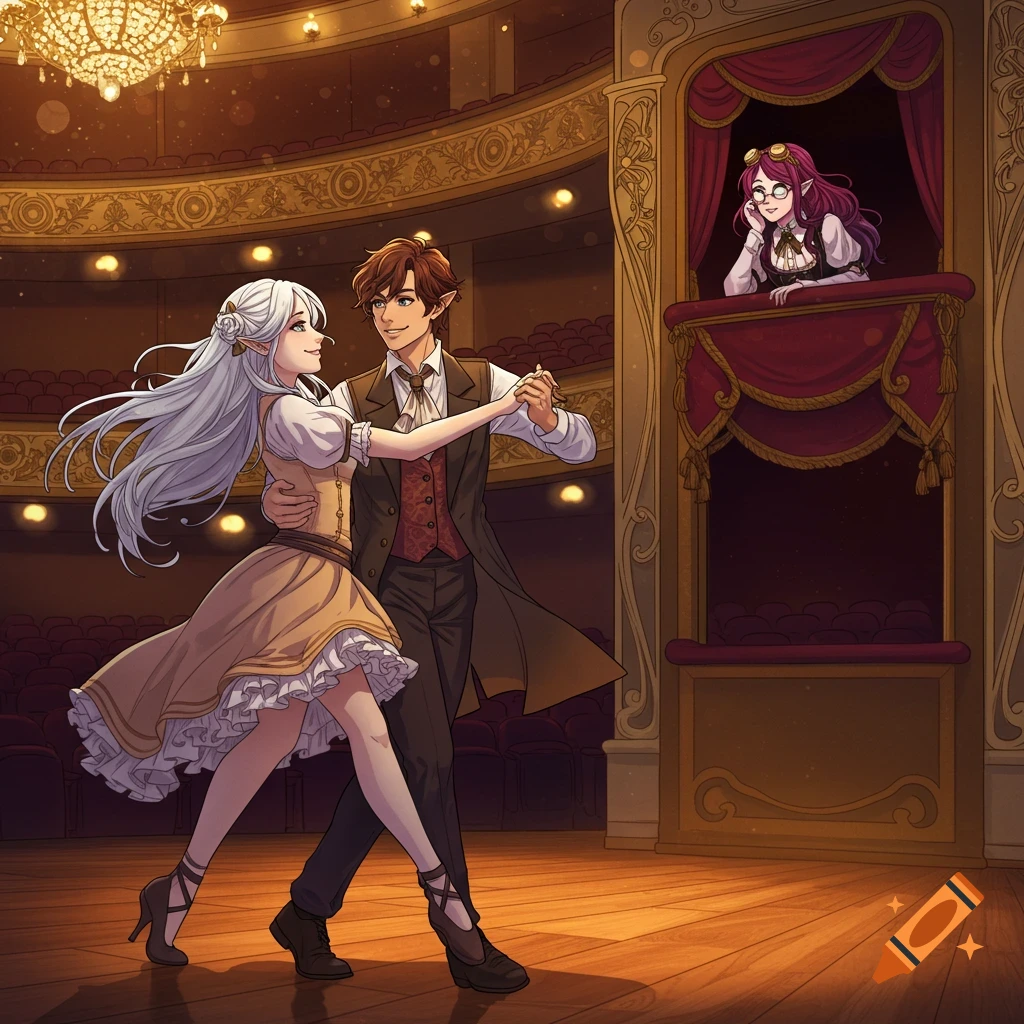 An anime couple with silver and auburn hair dance elegantly on a theater stage while a woman with magenta hair watches from a box seat.