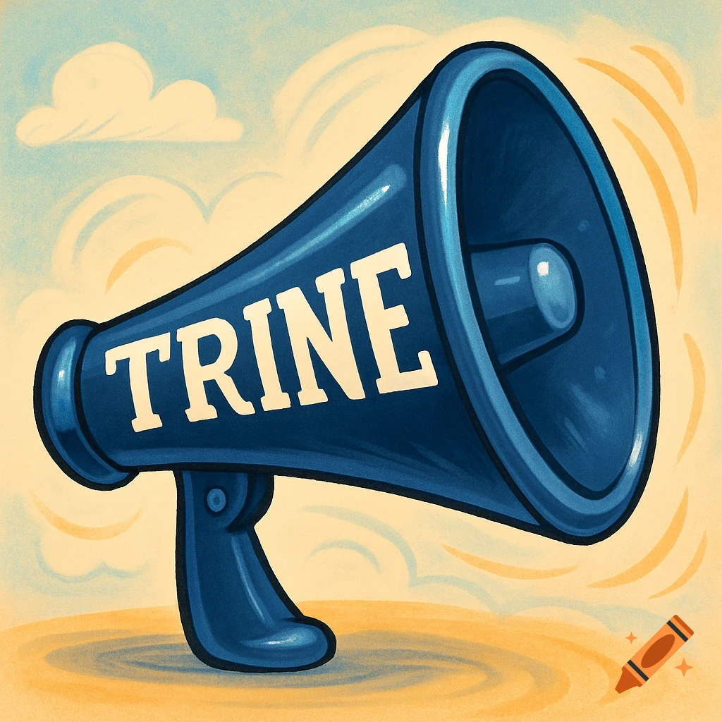 A cartoon illustration of a navy blue megaphone with 'TRINE' written in white on its side, against a sky and ground background.