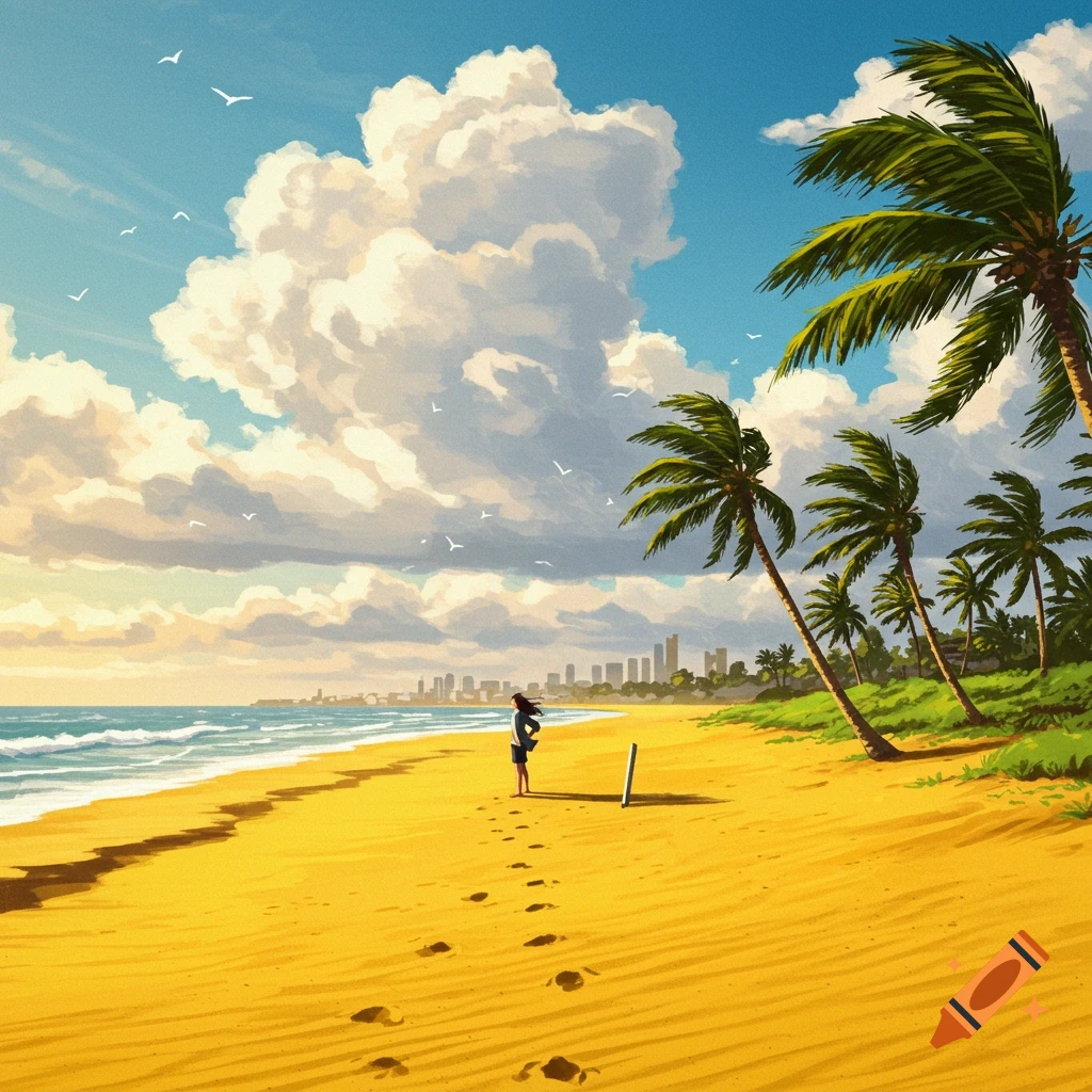 An illustration of a person on a sunny yellow beach with palm trees, ocean waves, and a distant city skyline under a cloudy sky.