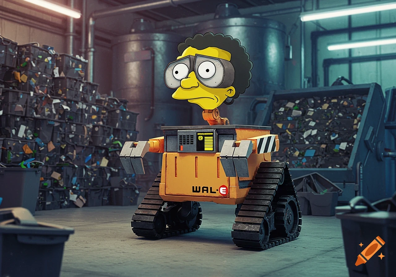 A yellow-faced cartoon character head with goggles and curly hair on top of a yellow robot body with tank treads and manipulator arms in a dim recycling facility. The robot body has "WAL-E" on it.