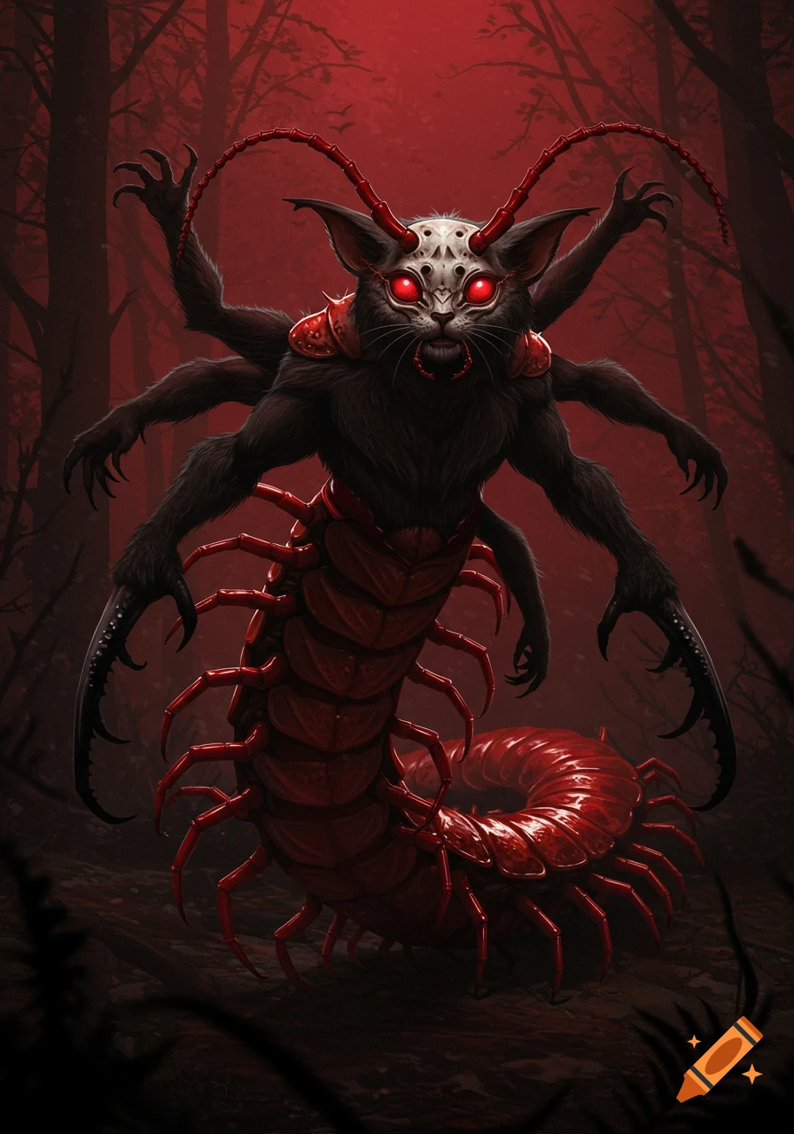 A dark, furry cat-like creature with glowing red eyes and a skull-patterned face, has four arms and a long red centipede body with many legs, standing in a dark red forest.