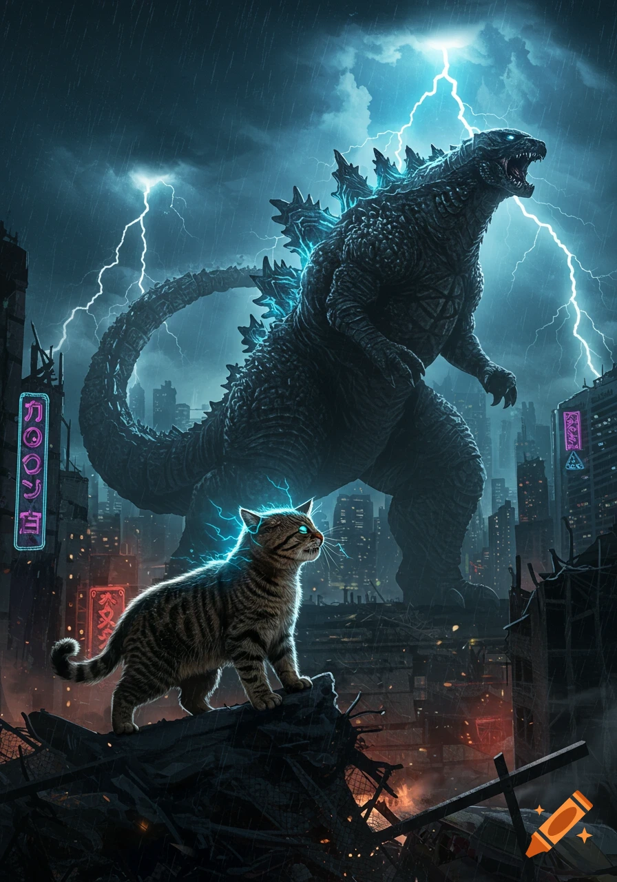A giant Godzilla-like monster looms over a destroyed city under a stormy, lightning-filled sky, while a tabby cat with glowing blue eyes and an electric aura stands on rubble in the foreground.