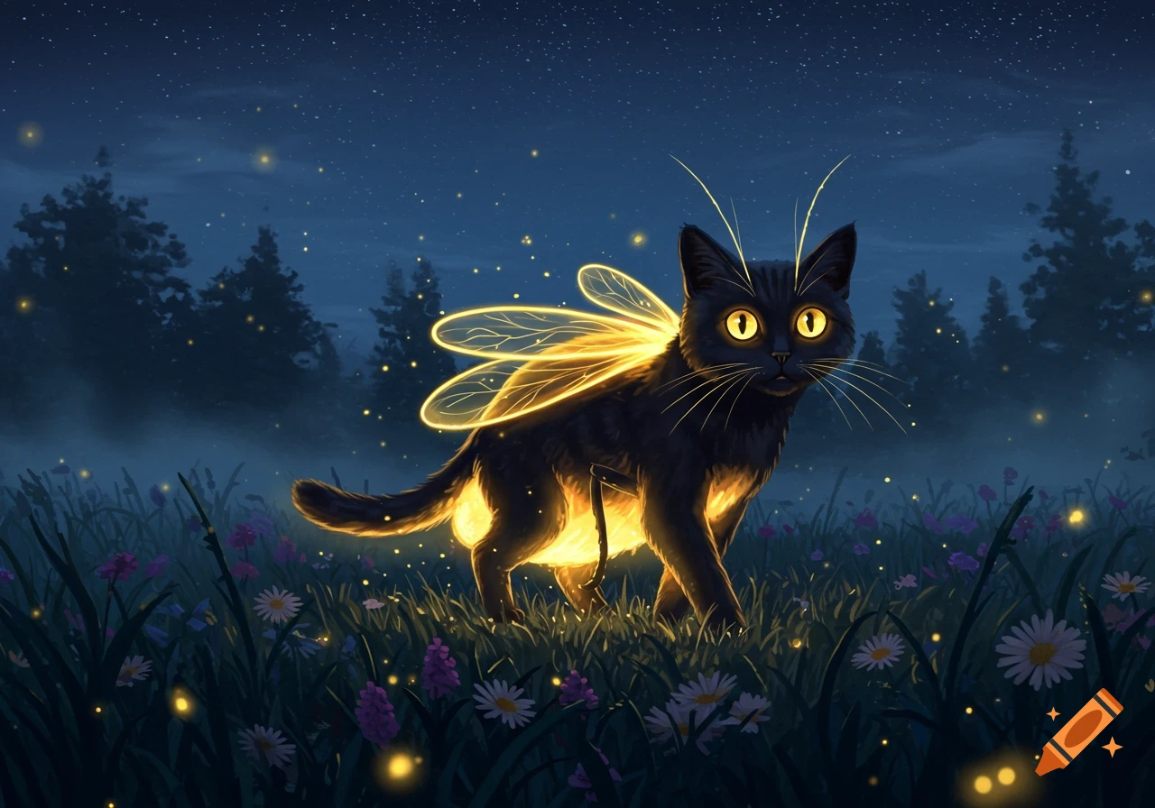 A black cat with glowing yellow firefly wings and abdomen stands in a dark meadow with flowers and fireflies at night.