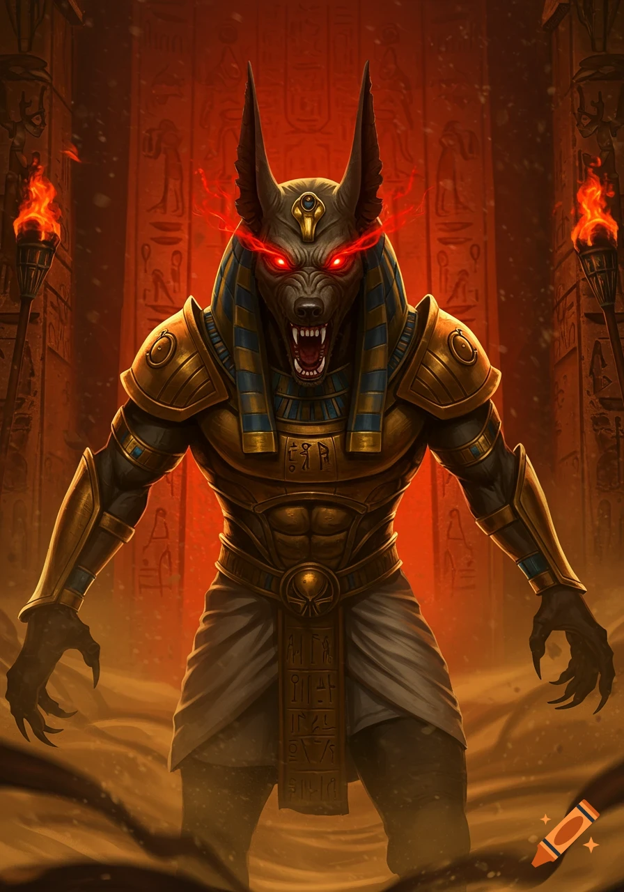 An angry Anubis with glowing red eyes stands in an ancient Egyptian temple setting.