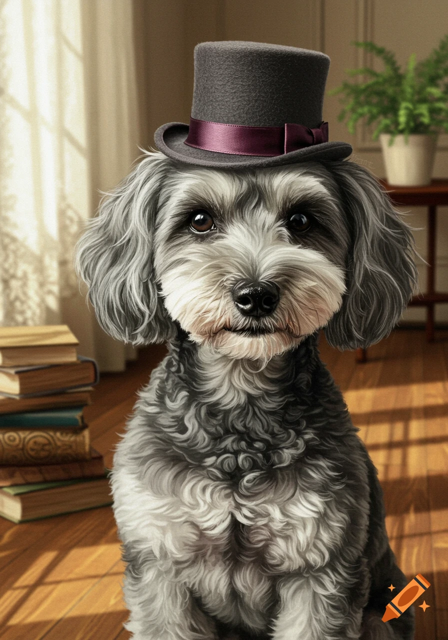 A cute salt and pepper schnoodle dog wearing a gray top hat with a purple ribbon, sitting indoors next to stacked books.