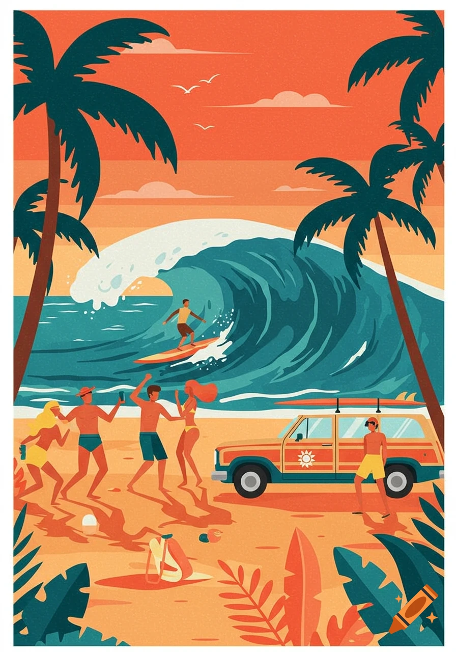 A stylized illustration of a vibrant beach party with a surfer on a wave, people dancing, palm trees, and a vintage station wagon.