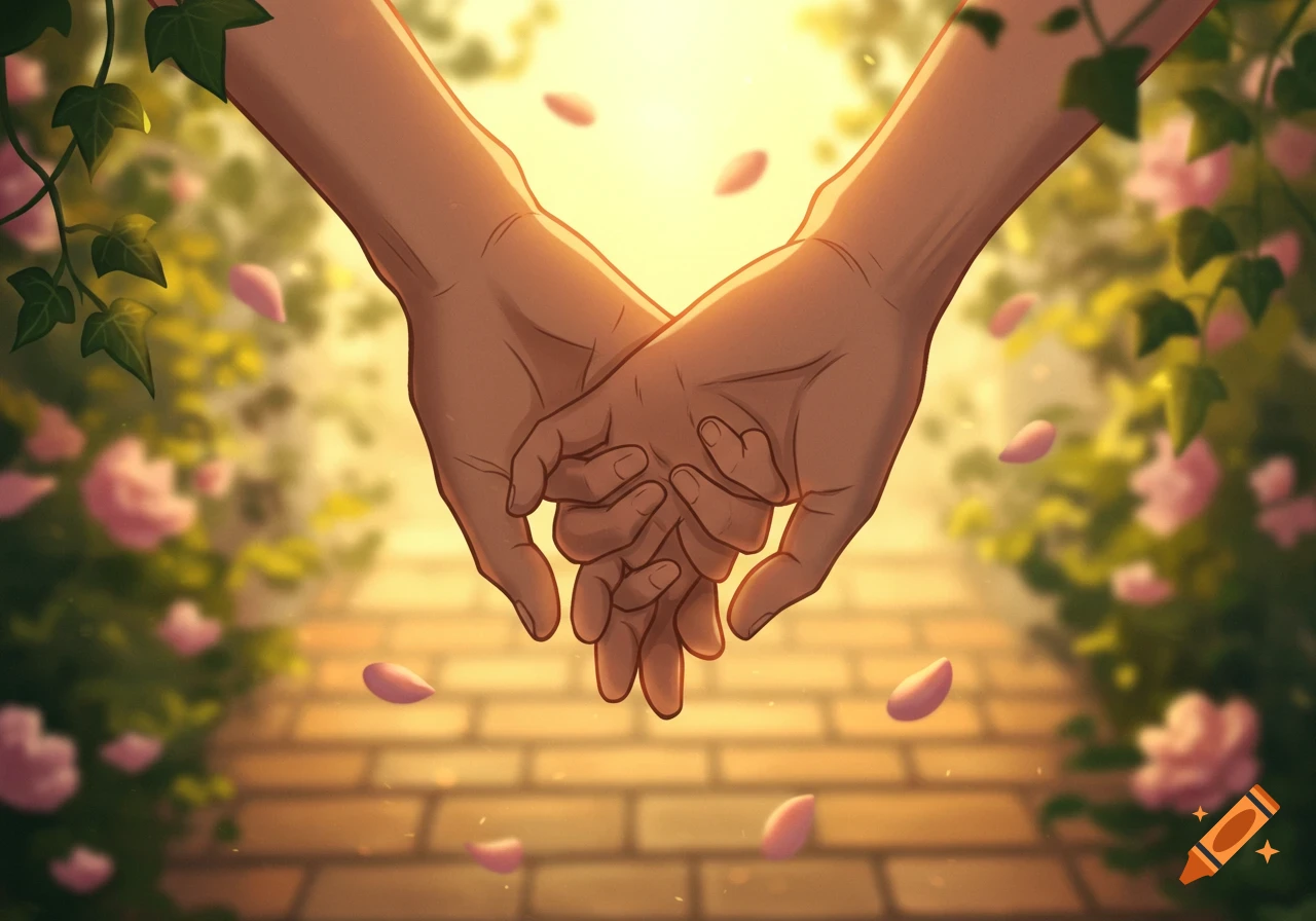 A stylized drawing of two hands interlocking in warm sunlight, surrounded by green foliage and pink rose petals.