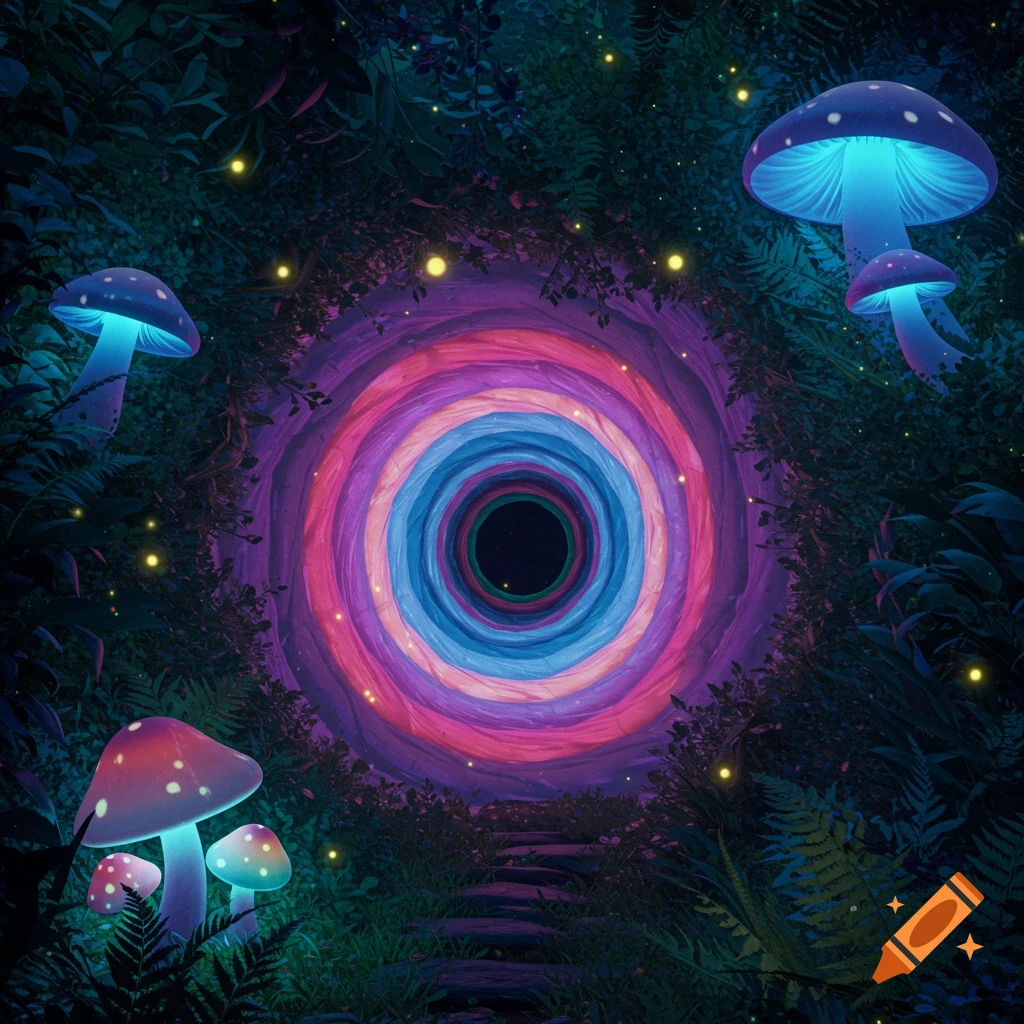 A magical forest scene with glowing blue and pink mushrooms surrounding a vibrant, swirling portal of purple, blue, and pink. Fireflies glow.