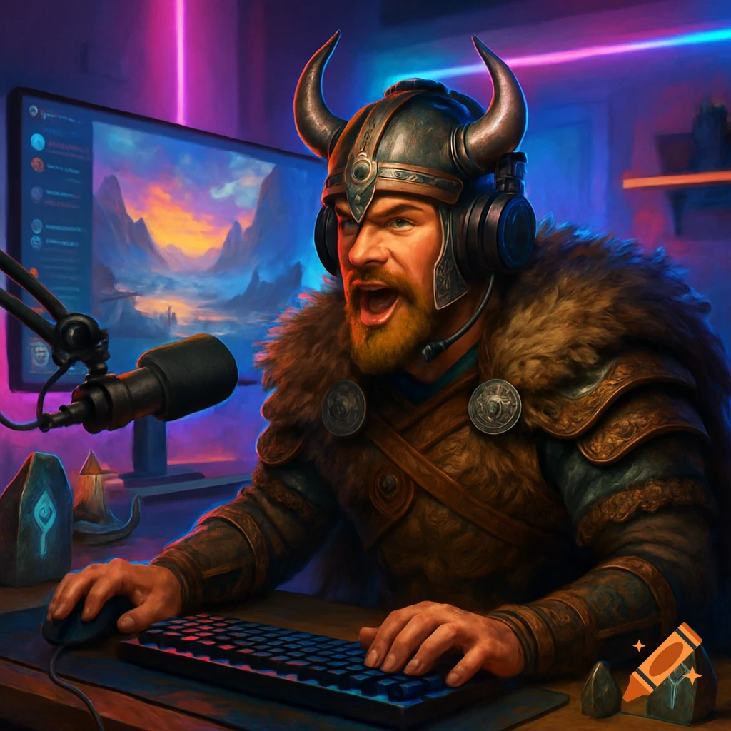 A muscular, bearded viking streamer wearing a horned helmet and headphones, playing a game with a fantasy landscape on his monitor under neon lights.