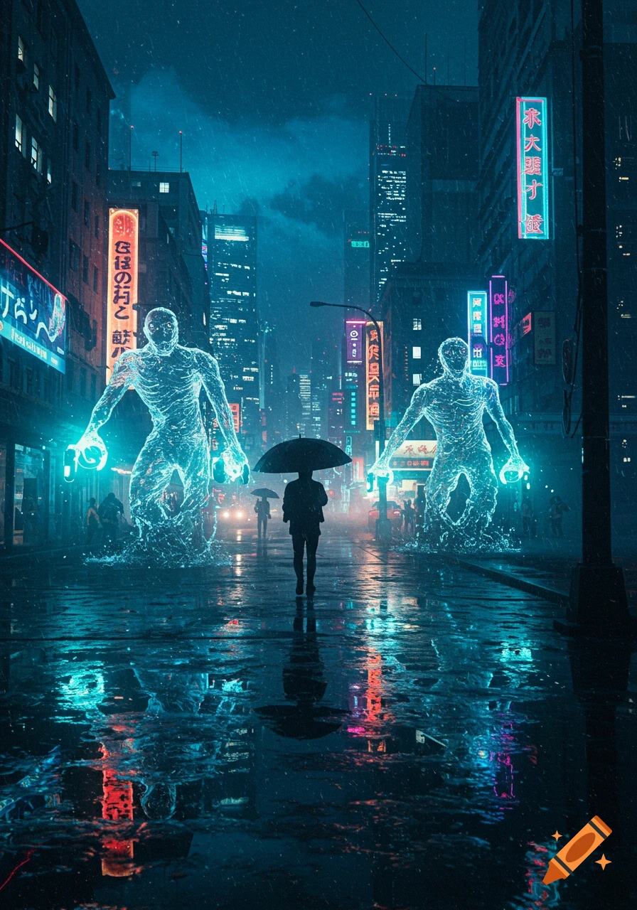 A person with an umbrella walks down a rainy cyberpunk street at night, flanked by two glowing water monsters. Neon lights reflect on the wet pavement.