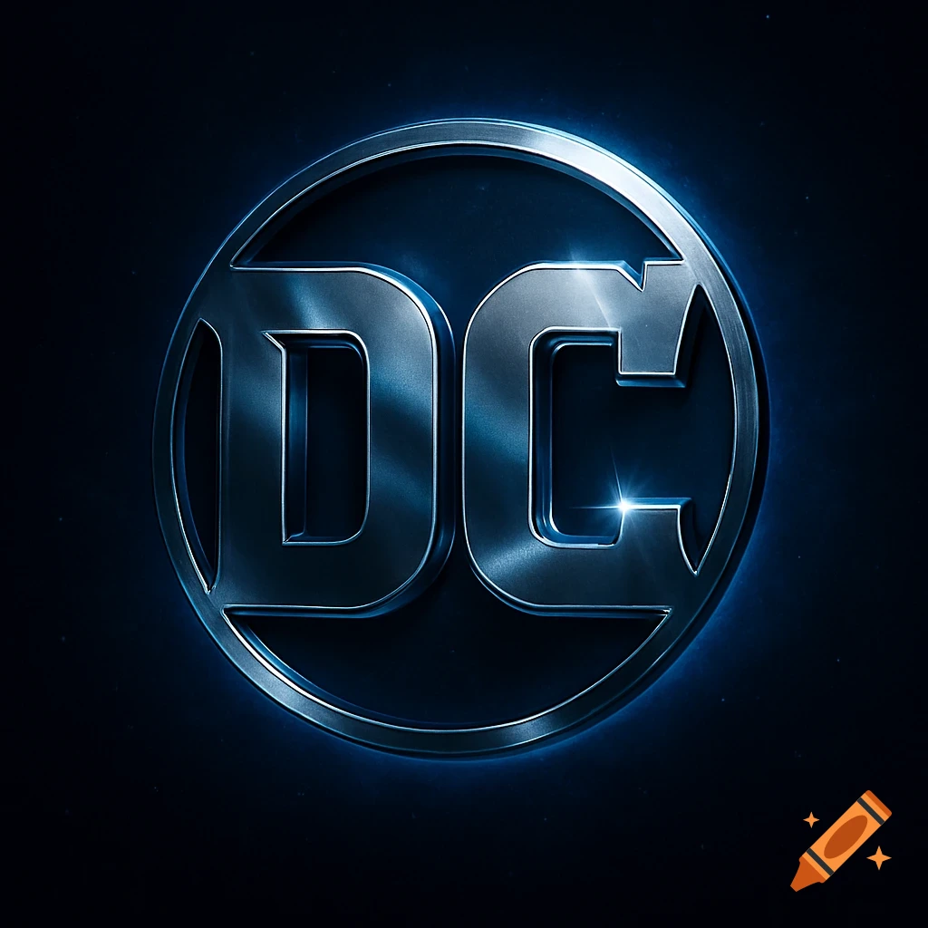 A metallic silver DC logo with a blue glow on a dark background.