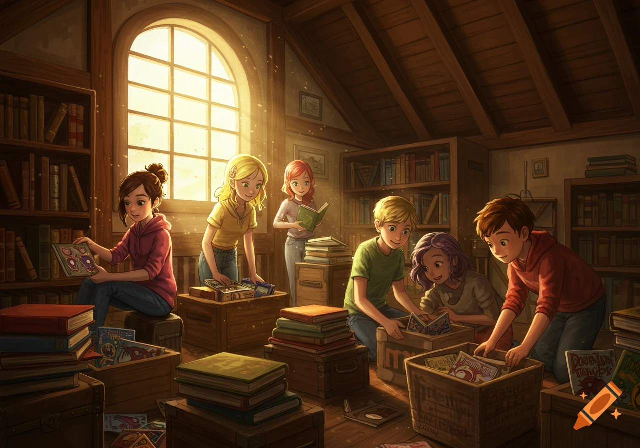 An illustration of several young teens sorting books in a sunlit attic library filled with shelves and boxes of books.