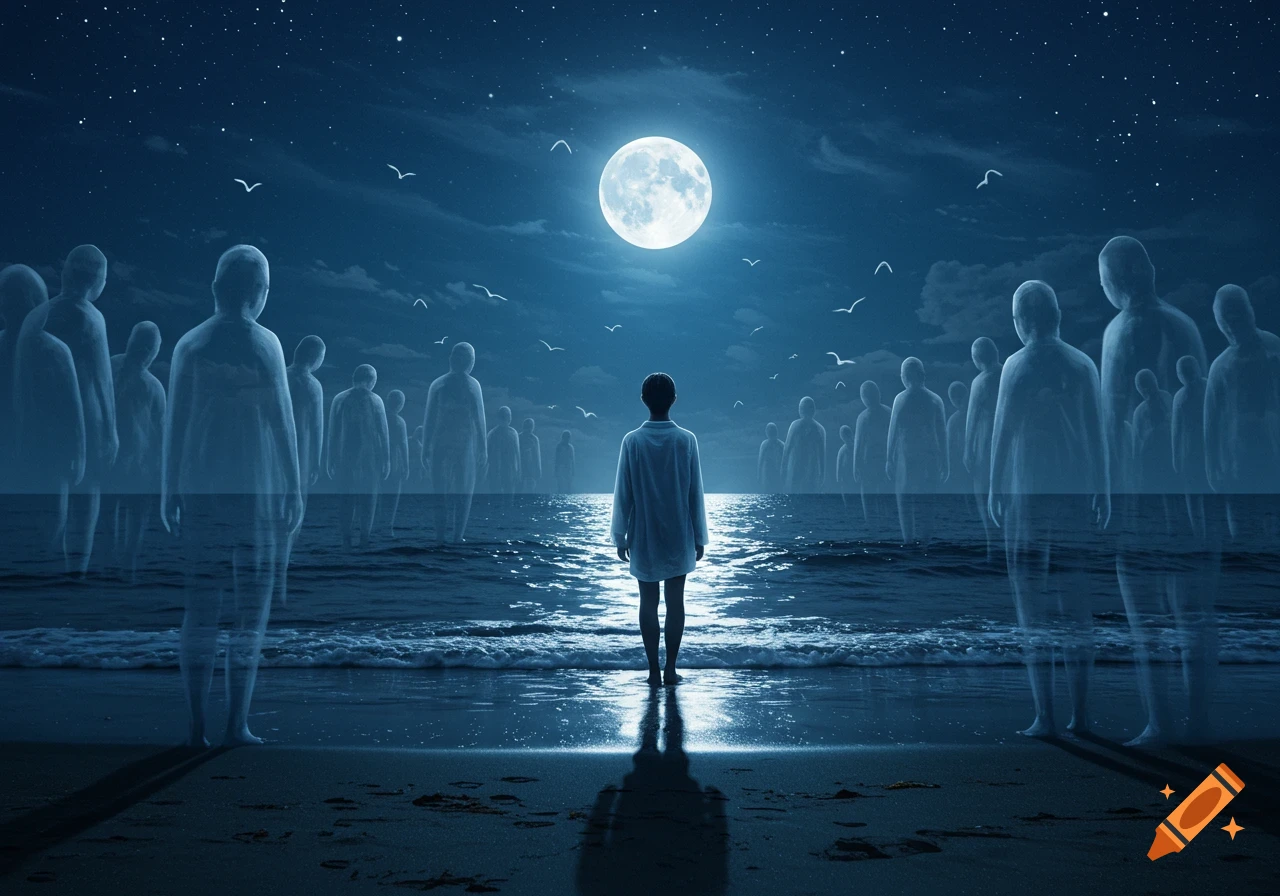 A lone figure stands on a beach facing a bright full moon over the ocean, surrounded by a multitude of transparent, ghostly figures under a starry night sky.