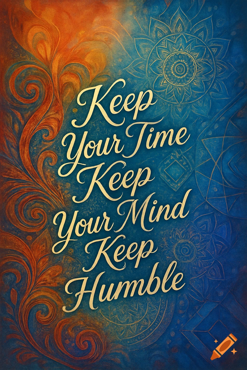 Golden cursive text 'Keep Your Time Keep Your Mind Keep Humble' on an eclectic blue and orange decorative background with swirls and mandalas.