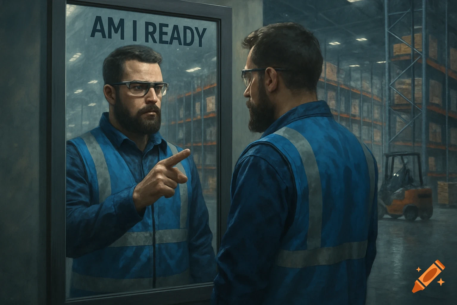 A man in a blue uniform and safety glasses stands in a warehouse, pointing at his reflection in a mirror that reads 'AM I READY'.