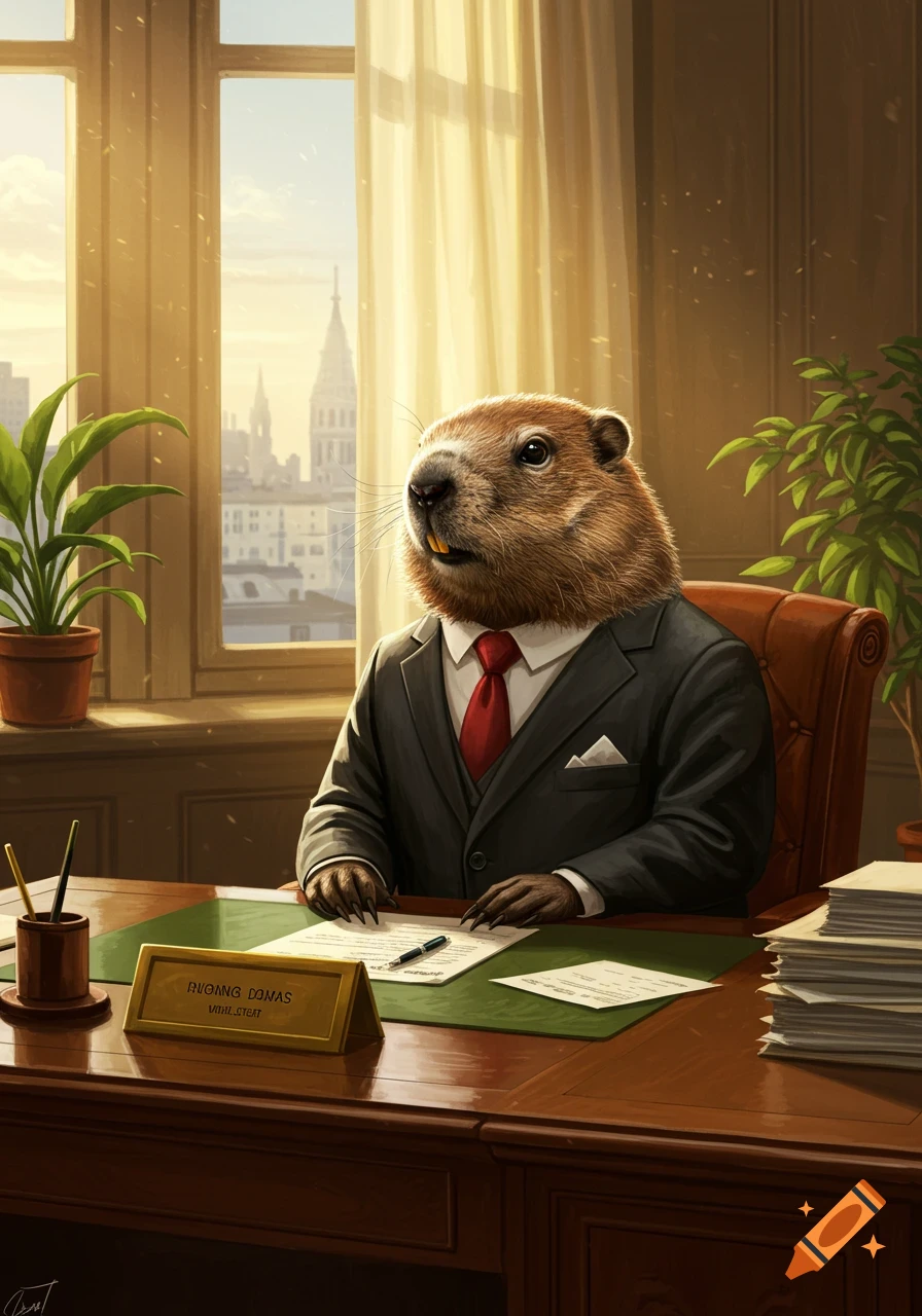 Photorealistic image of a groundhog in a black business suit and red tie, sitting at a wooden office desk in front of a sunlit window.