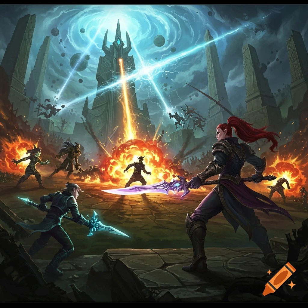 A vibrant digital painting of a fantasy battle, with warriors wielding glowing weapons and magic around a central exploding tower.