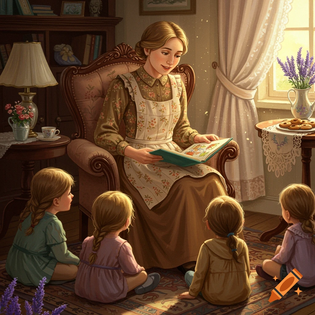 A kind woman in a floral dress and apron reads a book to four small children sitting on a rug in a sunlit room.