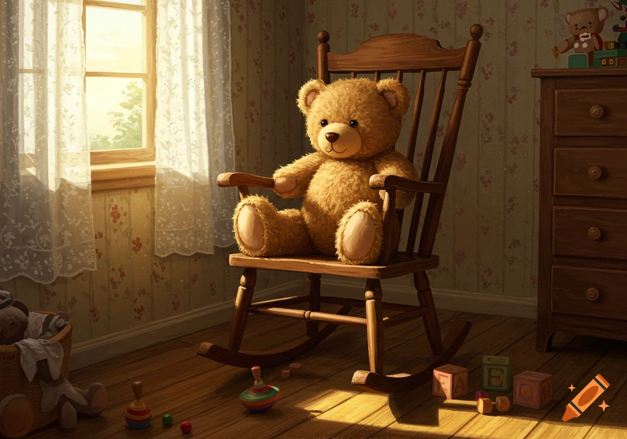 A fluffy teddy bear sits on a wooden rocking chair in a sunlit children's room with building blocks and a spinning top on the floor.