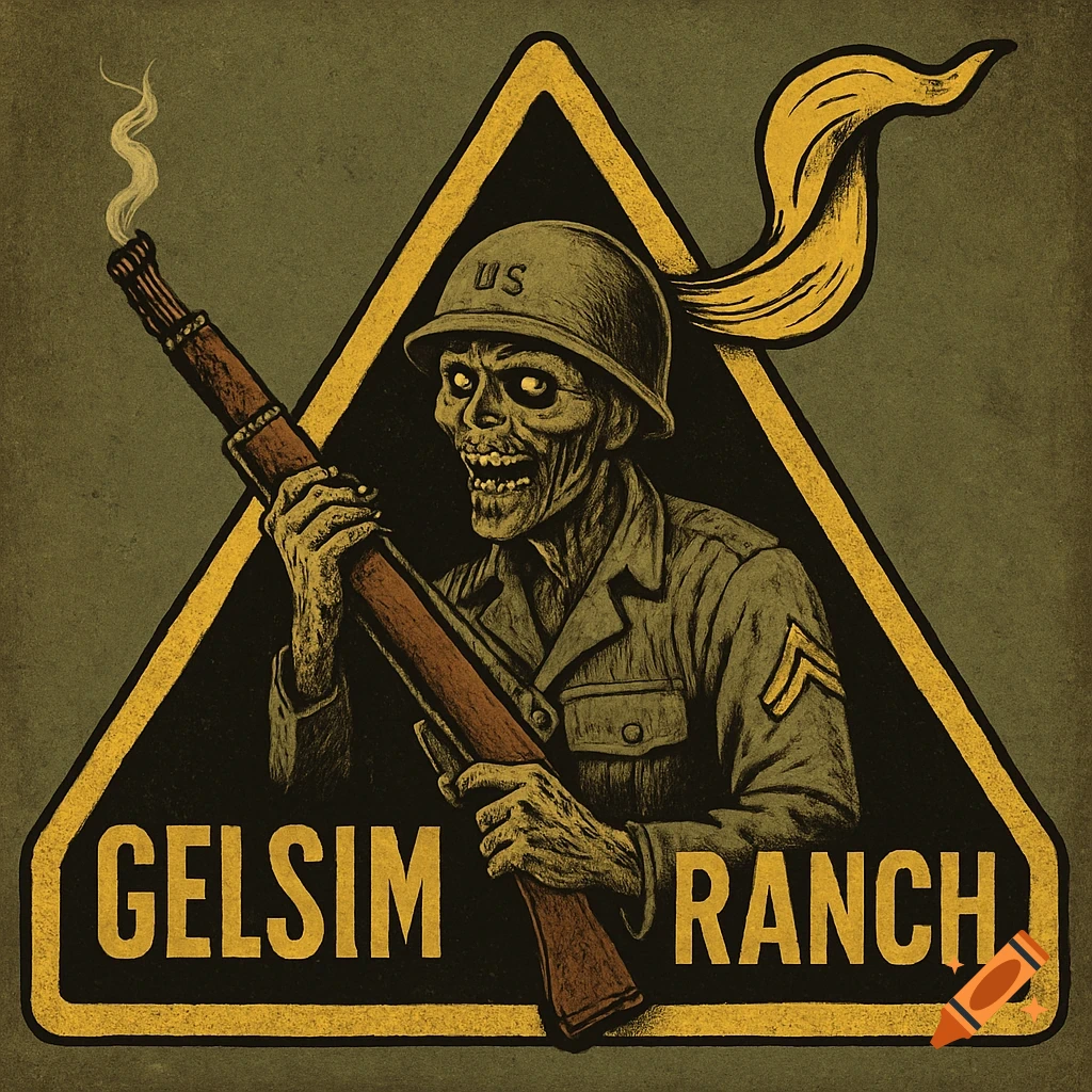 Gritty illustration of a zombie US soldier in a helmet holding an M1 Garand, smoke from the barrel, framed in a yellow-bordered triangle with 'GELSIM RANCH'.