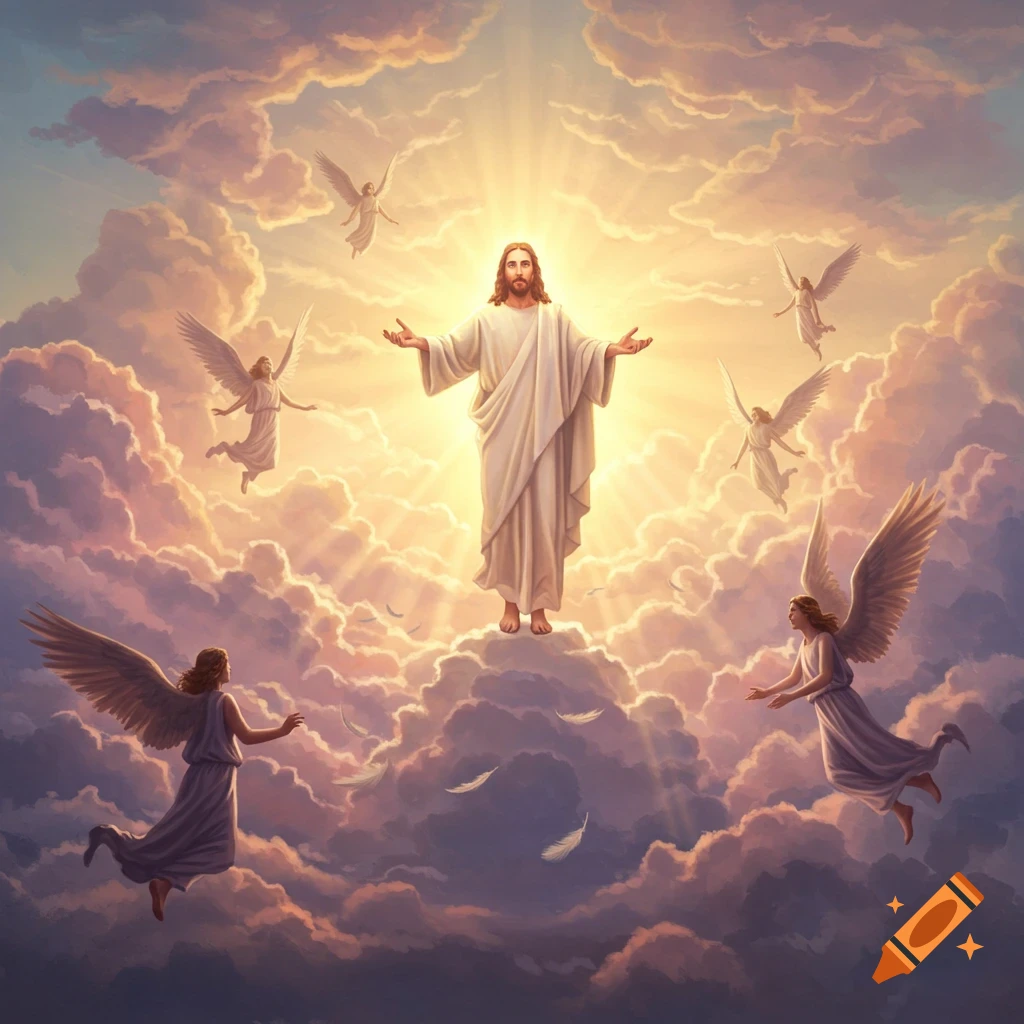 A religious depiction of Jesus Christ standing on clouds with outstretched arms, surrounded by angels bathed in golden light.