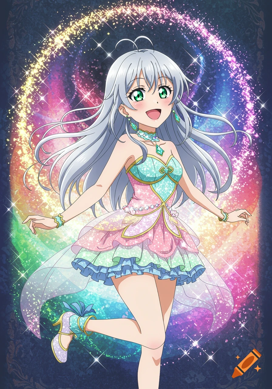 An anime magical girl with long silver hair and green eyes in a sparkly, colorful dress, posing against a rainbow glitter background.