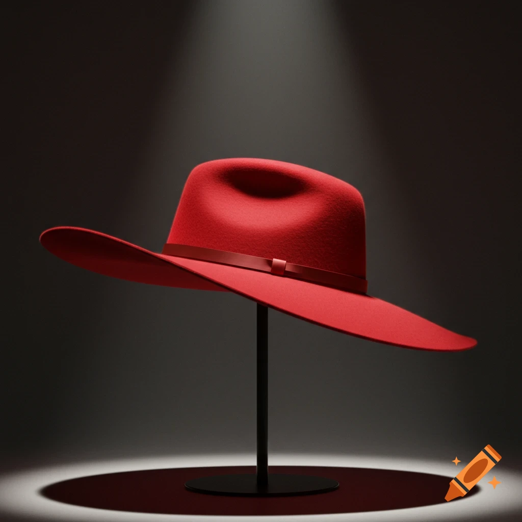 A vibrant red hat with a wide brim on a black stand, dramatically lit by a spotlight against a dark background.