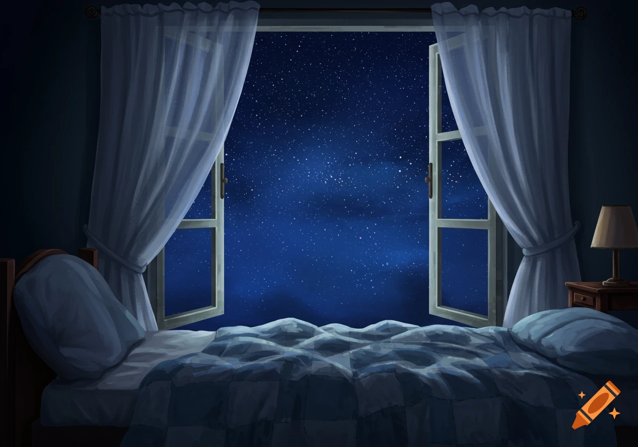 A bedroom at night with an open window looking out at a starry sky, with a made bed and a bedside lamp.