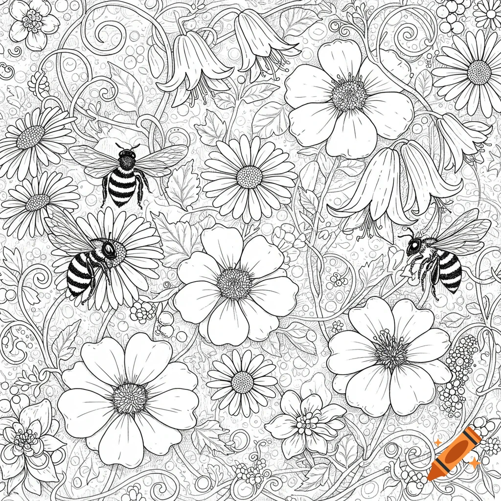 A black and white coloring book page featuring bees among various flowers and swirling vines.
